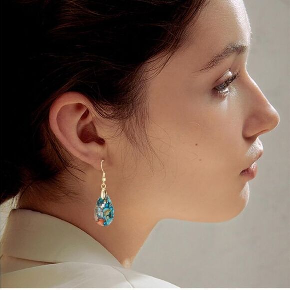 18K Yellow Gold with Natural Imperial Blue Orange Jasper Stone Hook Earrings - Picture 4 of 5